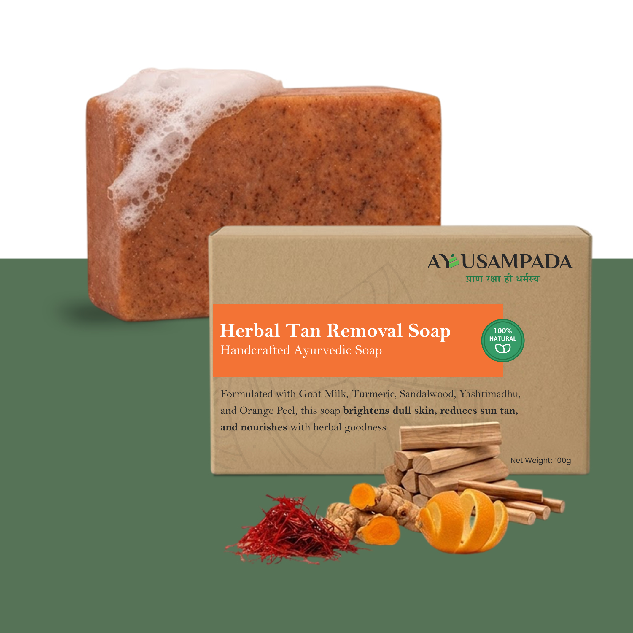 Herbal Tan Removal Soap with Goat Milk, Orange Peel, Manjistha, Mulethi & Chandan – Ayurvedic Brightening & Moisturizing Soap