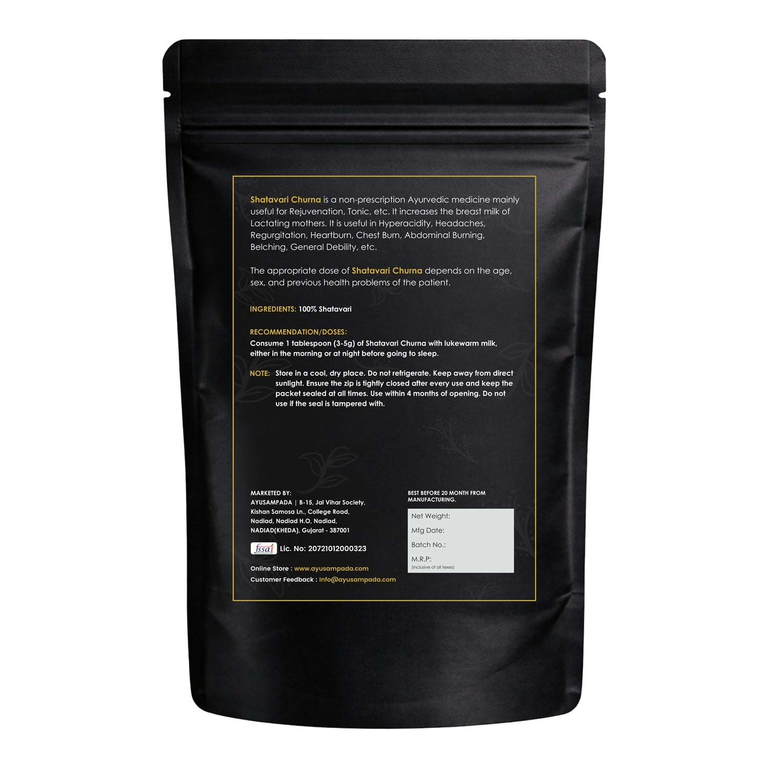 Shatavari Powder, 100% Natural Ayurvedic Supplement, Promotes Lactation, Strength & Stamina